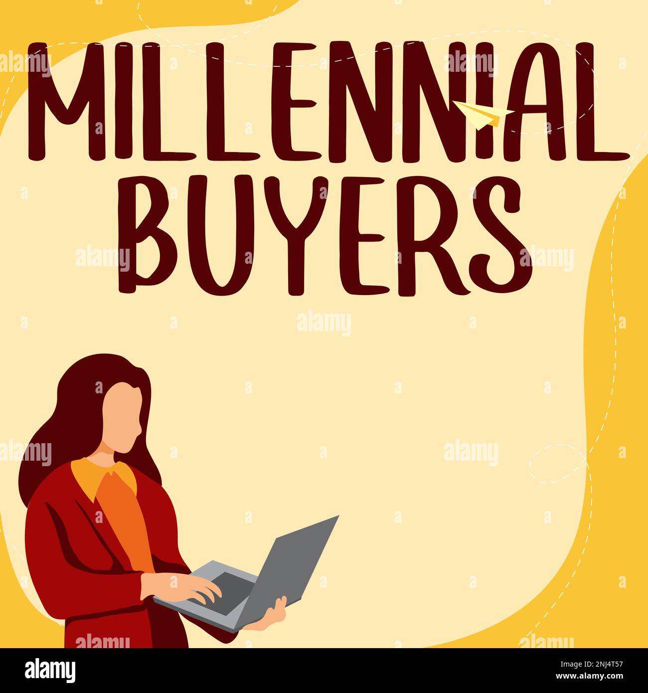 Schreiben von Text Millennial Buyers, Word über die Art der Verbraucher, die an Produkten interessiert sind Stockfoto