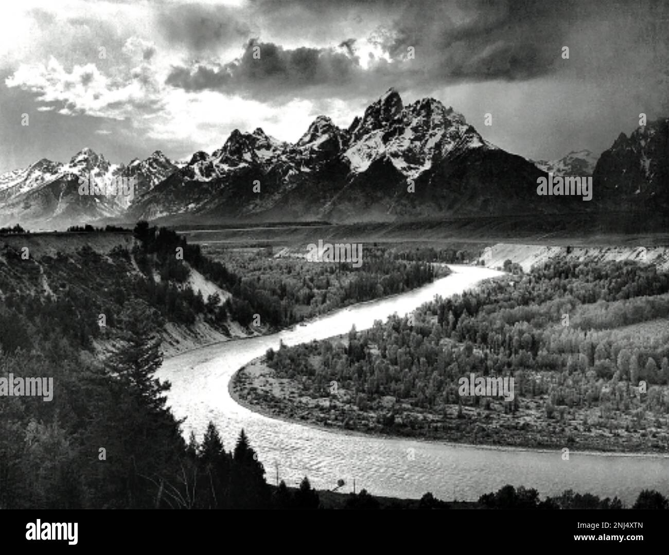 ANSEL ADAMS (1902-1984) amerikanischer Landschaftsfotograf. Sein 1942-Bild: Die Telons und der Snake River. Stockfoto