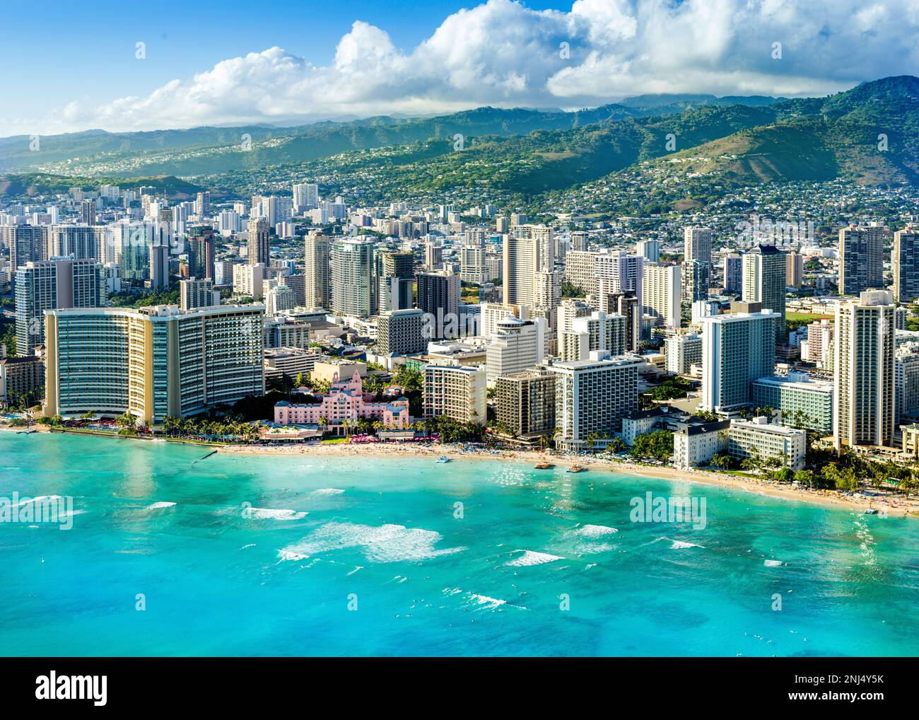 Waikiki Beach, Honolulu, Oahu Island, Hawaii, USA aus der Vogelperspektive Stockfoto
