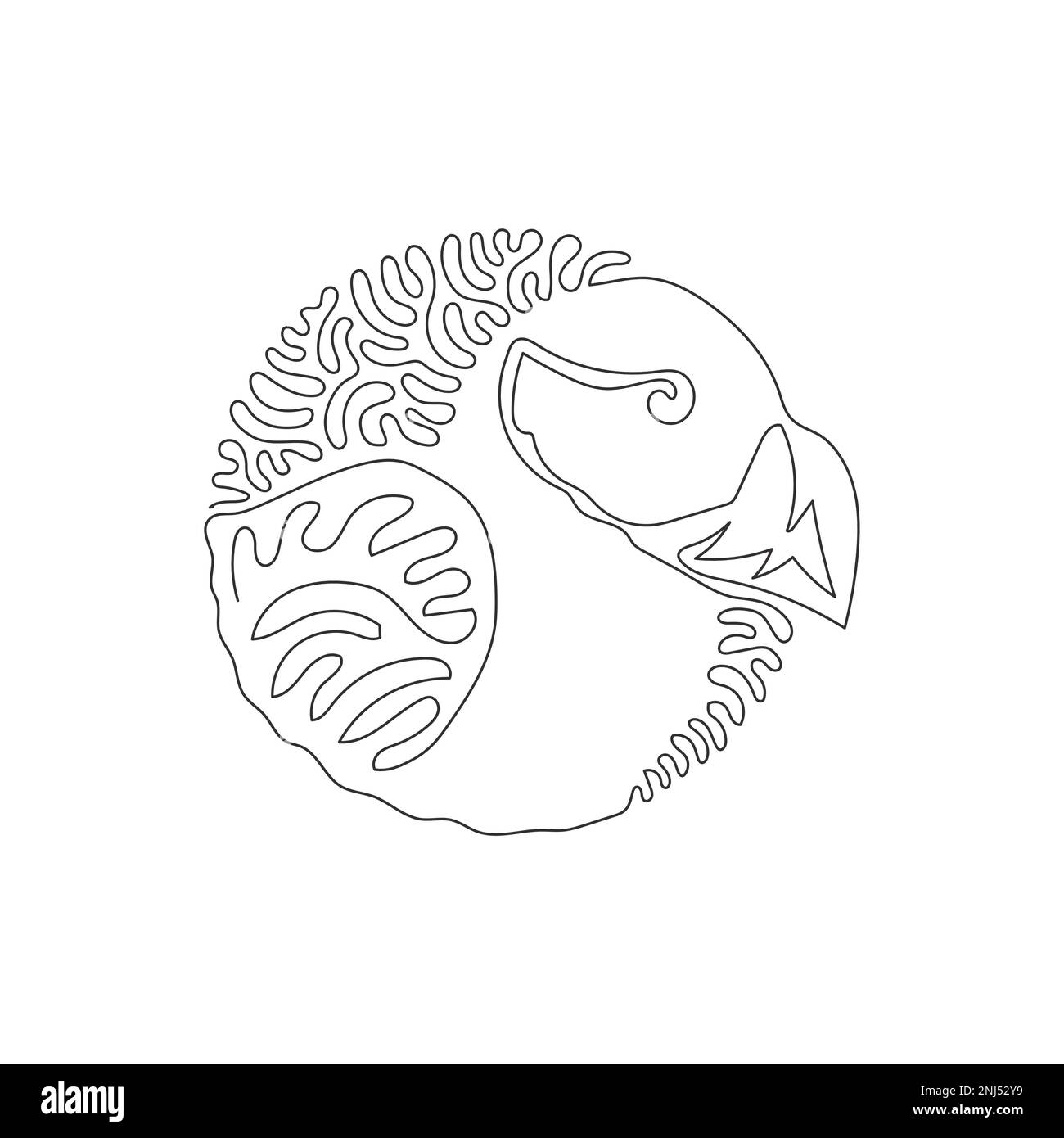 Durchgehende einzeilige Zeichnung wunderschöner Papageientaucher abstrakter Kunst im Kreis. Einzeilige bearbeitbare Vektordarstellung von stumpfen Vögeln mit kurzen Flügeln Stock Vektor