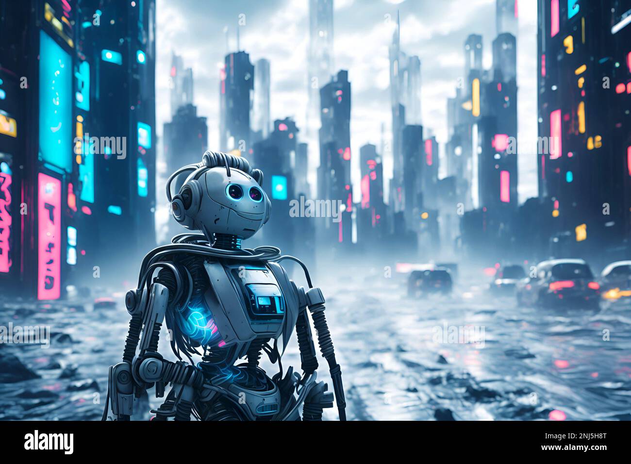 Android-Roboter patrouillieren gesetzlose Straßen dystopischer Cyber-Stadt am Rande des gesellschaftlichen Zusammenbruchs. Abgeleitete KI-Illustration. Stockfoto