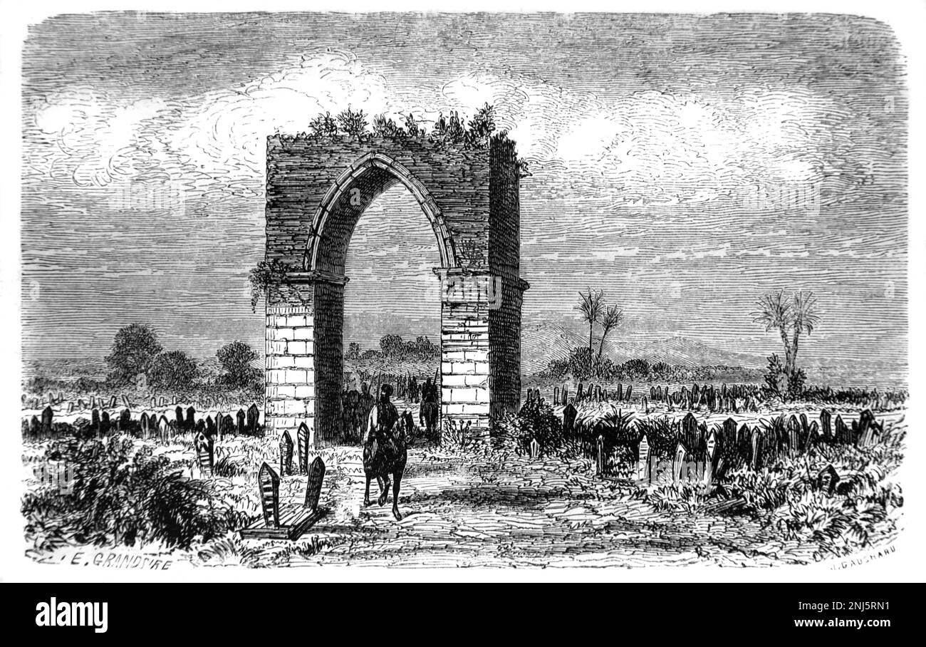 Das ehemalige Iron Gate oder Demir Kapi, ein Stadttor, das 1835 abgerissen wurde, ist Teil der antiken Stadtmauern oder Stadtmauern von Tarsus Mersin Türkei. Vintage-Gravur oder Abbildung 1862 Stockfoto