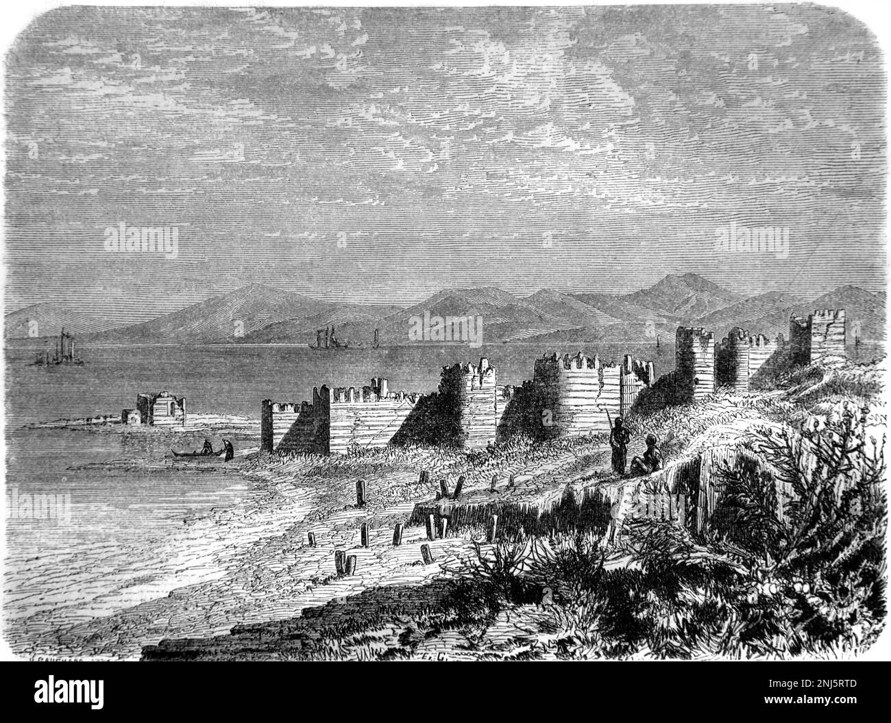 Inselschloss und antike Stadtmauern von Yumurtalik (jetzt abgerissen), früher bekannt als Aegeae, Ayas, Lyeys oder Lyeys, Adana, Cilicia, Truthahn. Vintage-Gravur oder Abbildung 1862 Stockfoto
