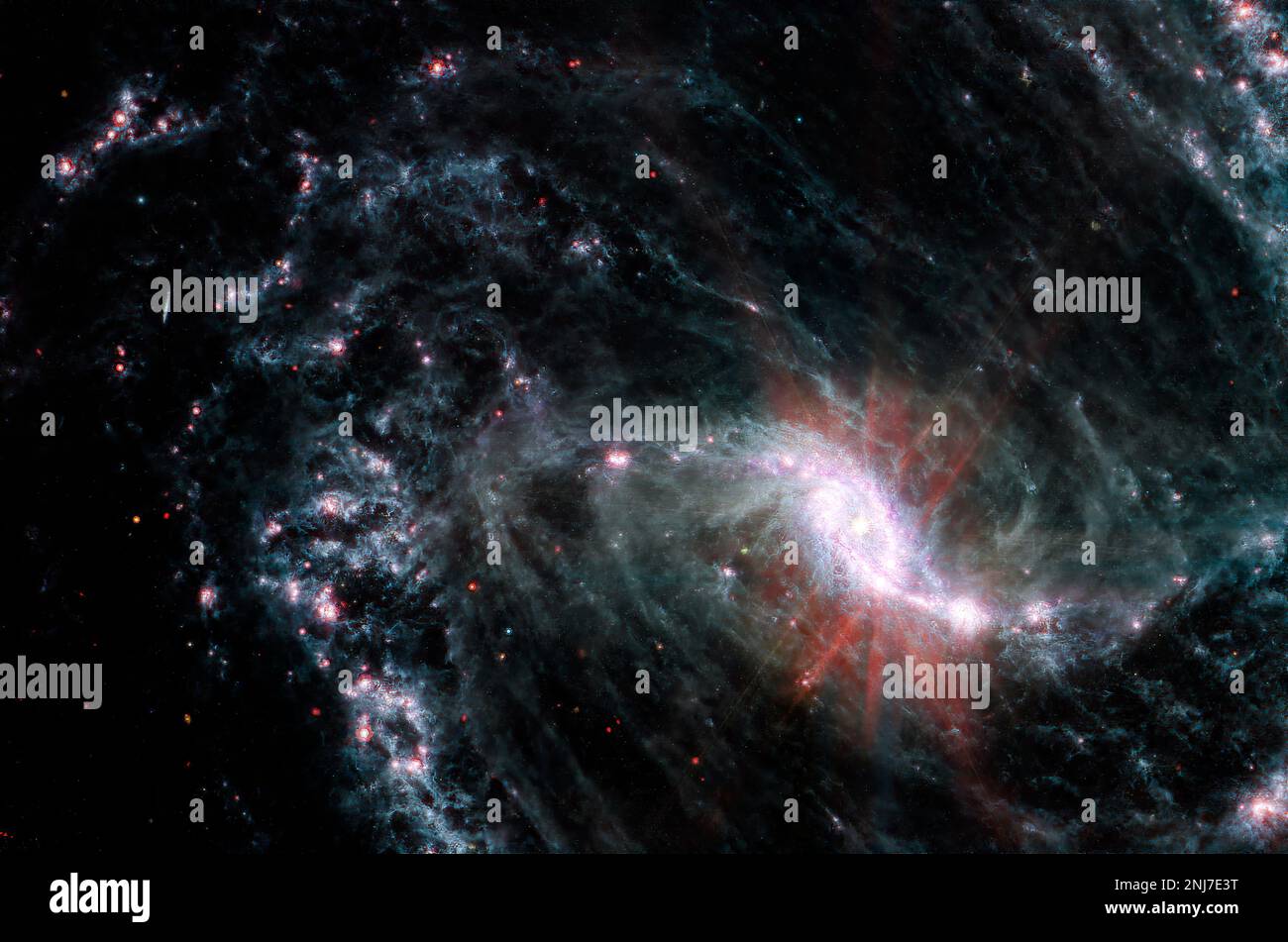 NGC 1365 ist eine Doppelspiralgalaxie, die etwa 56 Millionen Lichtjahre von der Erde entfernt liegt. Stockfoto