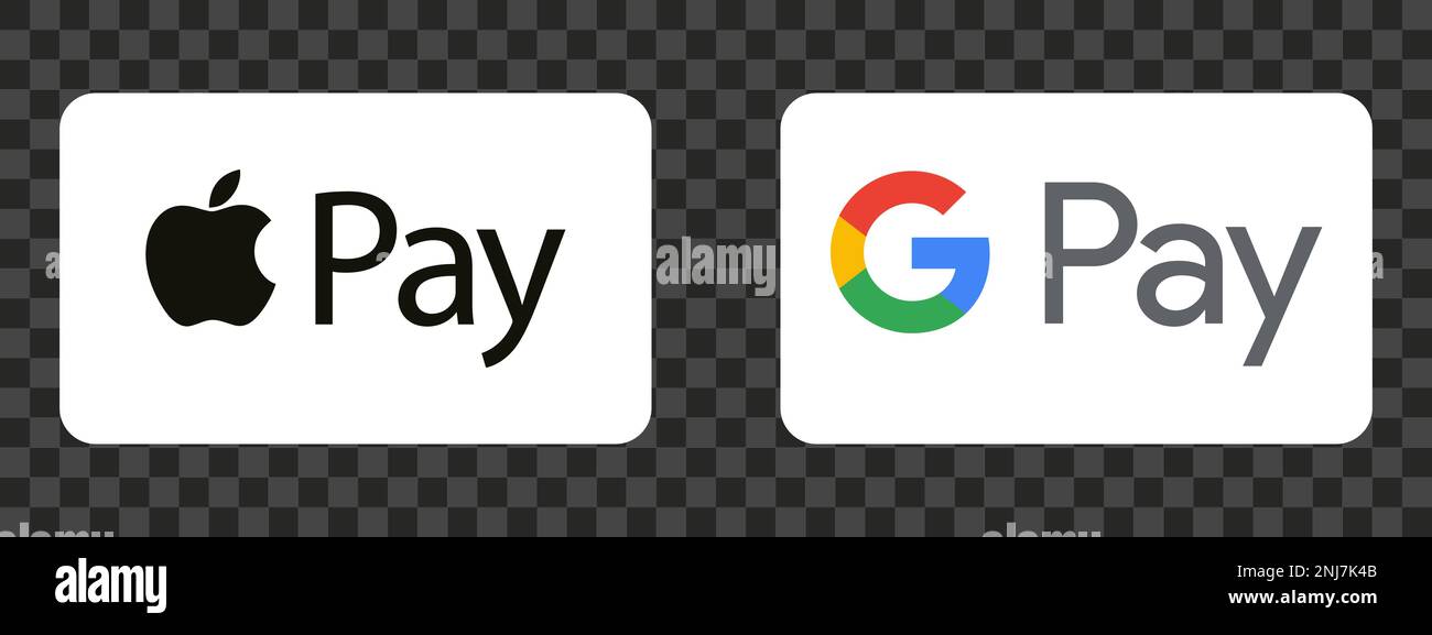 Knöpfe der beliebten Zahlungssysteme Apple Pay, google Pay. Schaltflächen für eine Website sind rechteckig mit abgerundeten Kanten. Stock Vektor