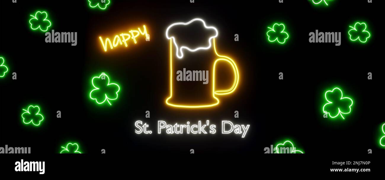Happy Saint Patricks Day Night Party Neonlicht Shamrock Schild 3D Rendering. Irischer Feiertag Bierbecher Cocktail Getränk drei Blätter Klee hea Stockfoto