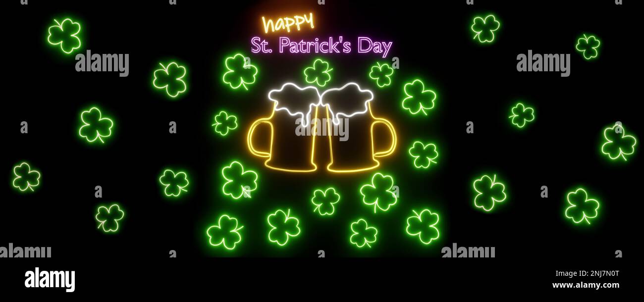 Happy Saint Patricks Day Night Party Neonlicht Shamrock Schild 3D Rendering. Irischer Feiertag Bierbecher Cocktail Getränk drei Blätter Klee hea Stockfoto