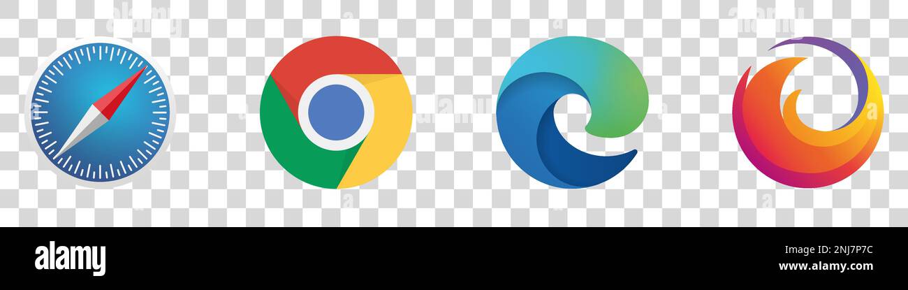 Vektorsatz des Browser-Logos: Chrome, Firefox, Safari, Edge. Stock Vektor