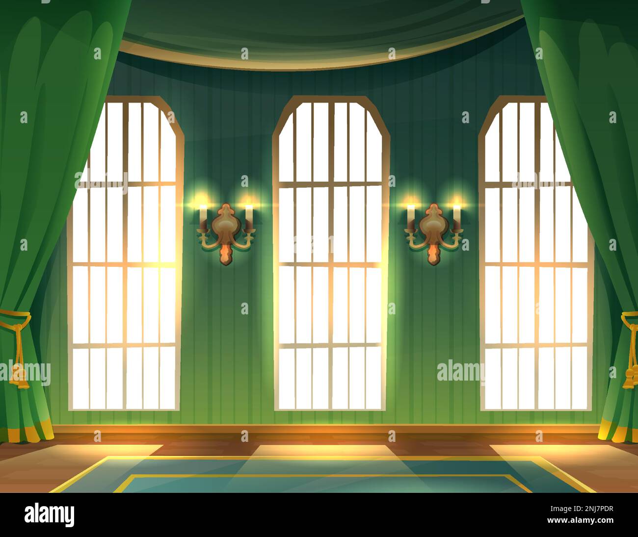 Vektor-Cartoon-Style-Illustration. Innenraum der Burg. Halle luxuriöser mittelalterlicher Palast mit großen Fenstern und langen grünen Vorhängen mit Wandlampen. Stock Vektor