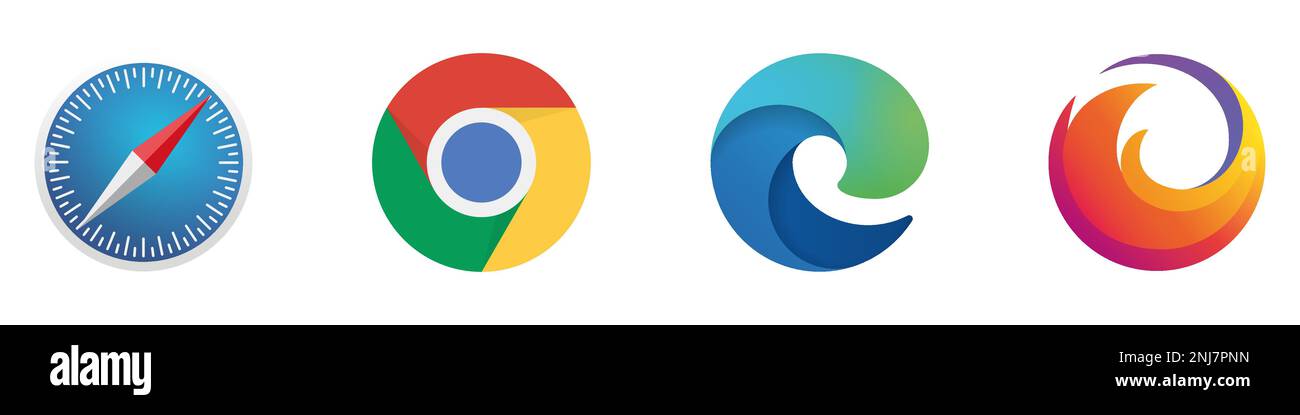 Browser-Logo-Vektorsatz. Chrome, Firefox, Safari, Edge. Stock Vektor