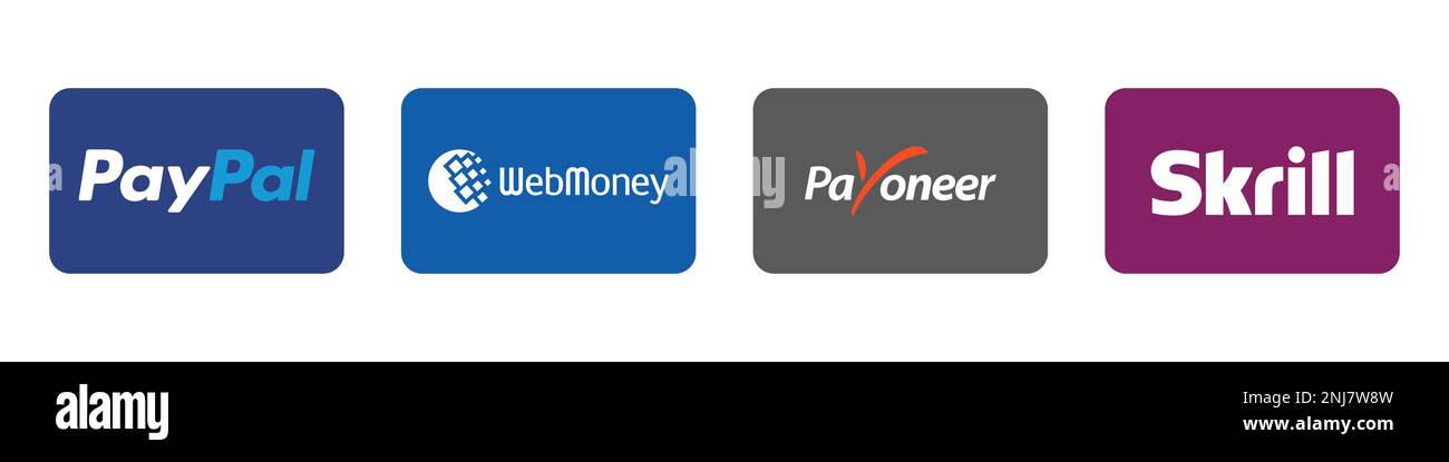 Online-Zahlungsmethoden Tastensatz, Markenlogo : Payoneer, Skrill, WebMoney. Stock Vektor