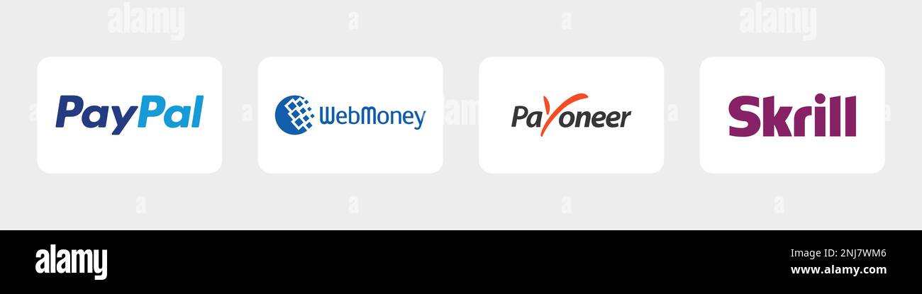 Online-Zahlungsmethoden Tastensatz, Markenlogo : Payoneer, Skrill, WebMoney. Stock Vektor