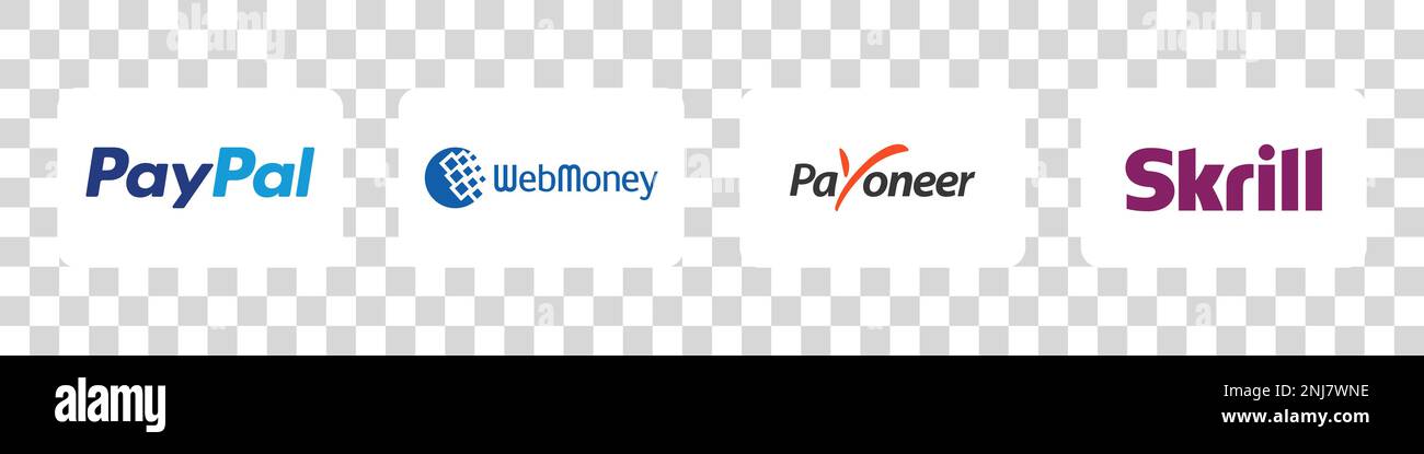 Online-Zahlungsmethoden Tastensatz, Markenlogo : Payoneer, Skrill, WebMoney. Stock Vektor