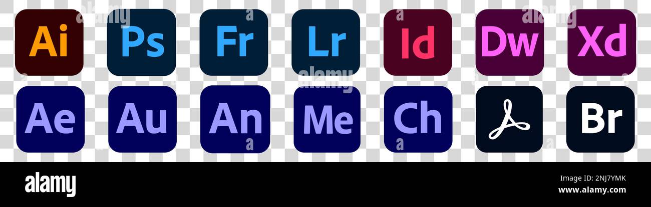 Adobe-Produkt. Logo-Satz von adobe-Produkten: adobe, Illustrator, photoshop, Creative Cloud, After Effects, lightroom. Stock Vektor