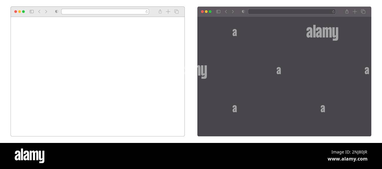 Realistische Webbrowserfenster – Vektordarstellung leerer Internetbrowser im hellen und dunklen Modus auf korallenfarbenem Hintergrund Stock Vektor