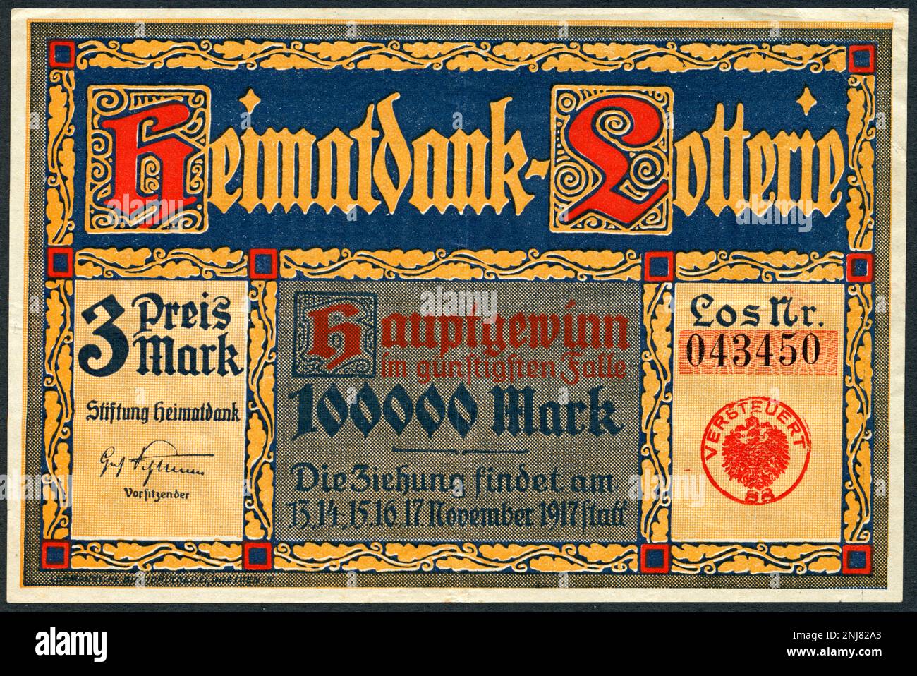 Europa, Deutschland, 1. Weltkrieg, Lotterieschein der Heimatdank-Lotterie, 1917 , Rechte werden nicht vertreten . / Europa , Deutschland , WW I , Lotterieschein für die Heimatstadt , 1917 , es gibt keine Rechte . Stockfoto