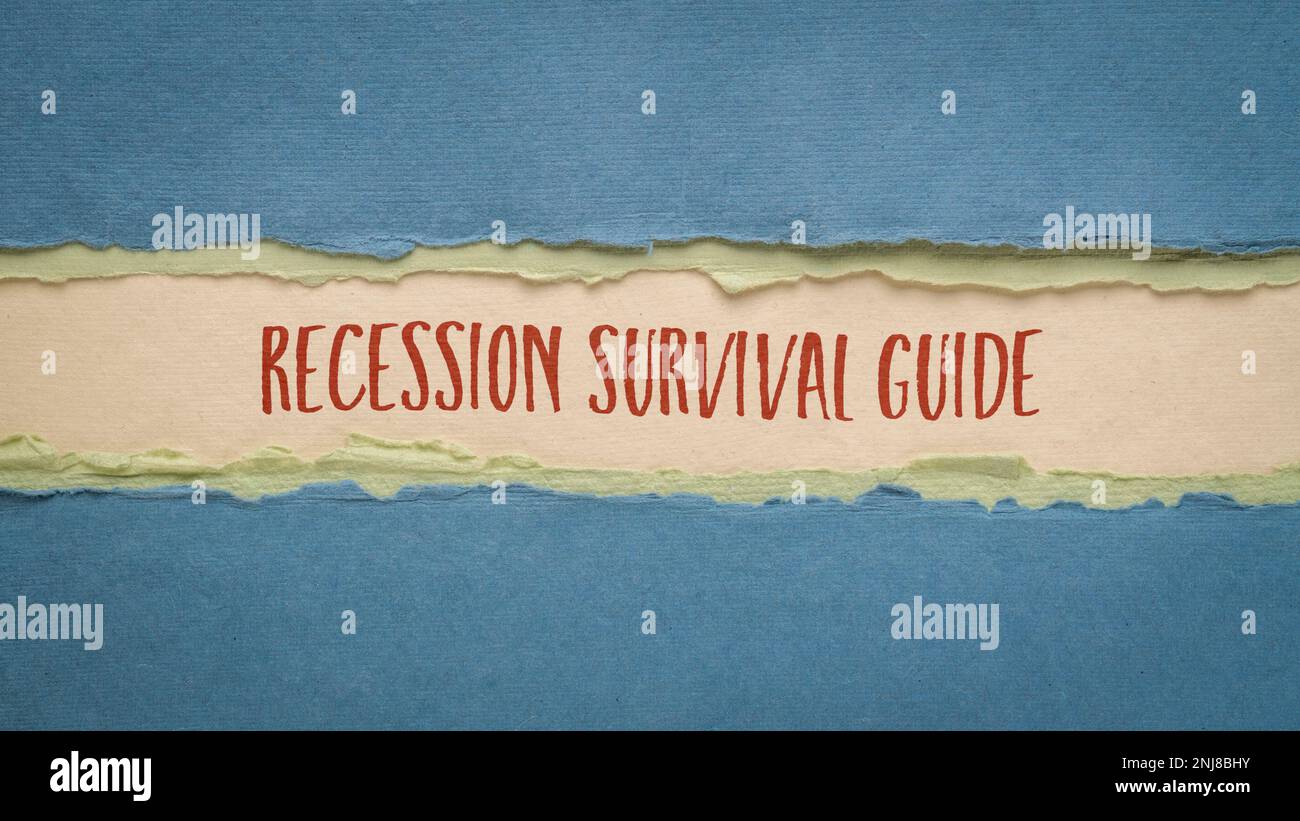 Leitfaden zum Überleben in der Rezession. Handschrift auf einem Kunstwerk, Finanzkonzept, Webbanner. Stockfoto