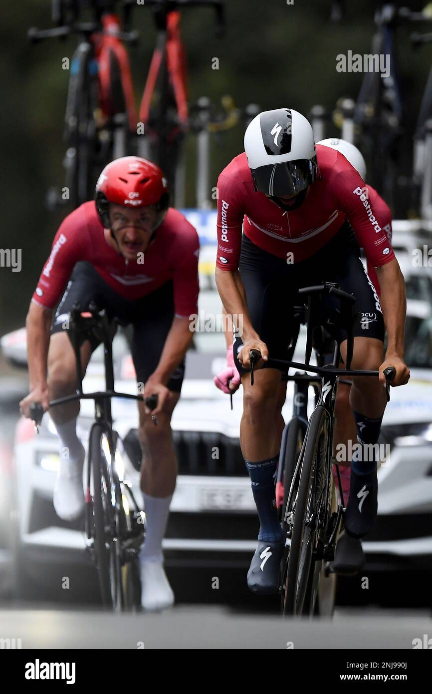 WOLLONGONG, AUSTRALIA - SEPTEMBER 21: Mikkel Honore of Denmark, Mikkel Bjerg of Denmark and Magnus Cort Nielsen of Denmark during the Team Time Trial Mixed Relay at the UCI Road World Championship in Wollongong on September 21, 2022. (Photo by Steven Markham/Icon Sportswire) (Icon Sportswire via AP Images) Stockfoto