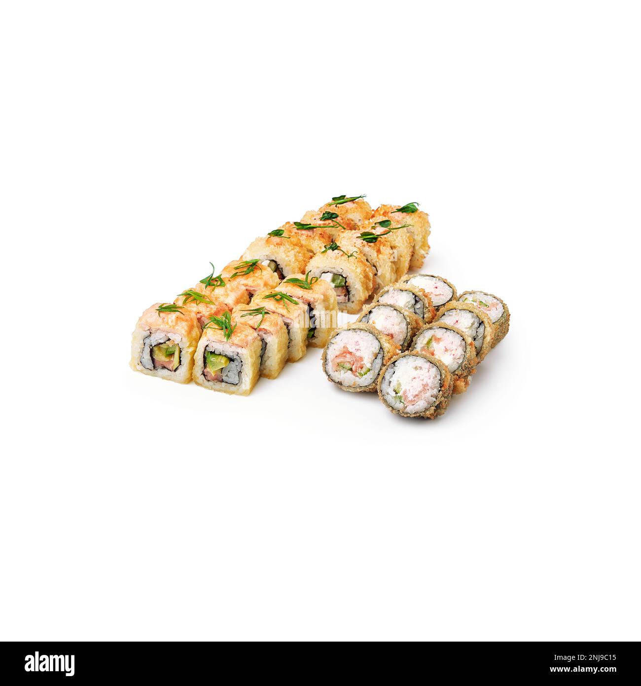 Gebackene Sushi-Brötchen Gourmet Tempura Tori oshino weißer Hintergrund isoliert Stockfoto