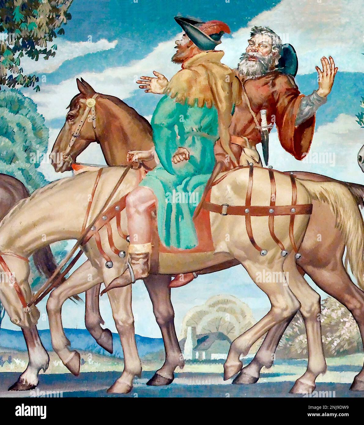 Der Manciple und der Seemann. Detail aus dem Canterbury Tales Wandbild von Ezra Winter, Library of Congress John Adams Building, Washington DC, 1936. Stockfoto