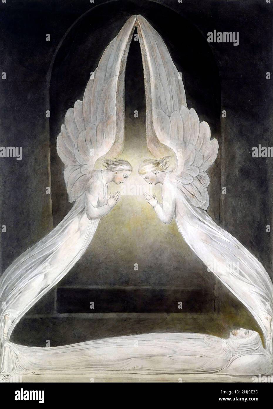 Die Engel schwebten über dem Körper Christi im Grabstein von William Blake, Aquarell, Stift und Tinte, c. 1805 Stockfoto