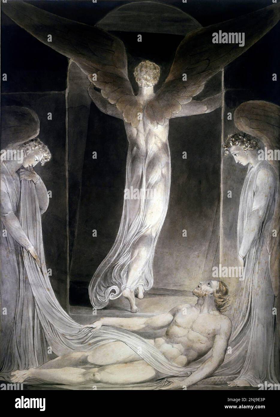 The Resurrection: The Angel Rolling Away the Stone from the Sepulchre von William Blake, Aquarell, Stift und Tinte, c. 1808 Stockfoto