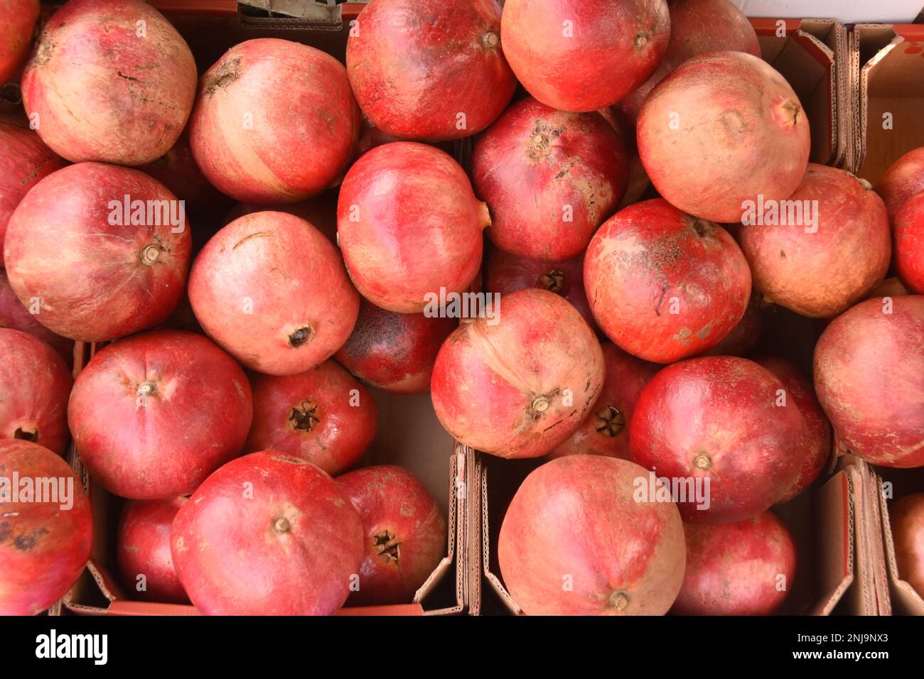 Granatapfelhaufen auf dem Markt Stockfoto