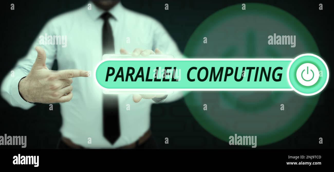 Textzeichen für Parallelverarbeitung. Gleichzeitige Berechnung von Geschäftsideen mittels Software und Hardware Stockfoto