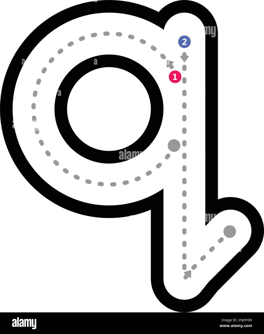 Nachvollziehbarer Buchstabe q Vorschreiben in Kleinbuchstaben gepunktetes Linienelement für Kindergarten- und Vorschulkinder-Arbeitsblatt für Handschriftübungen Stock Vektor