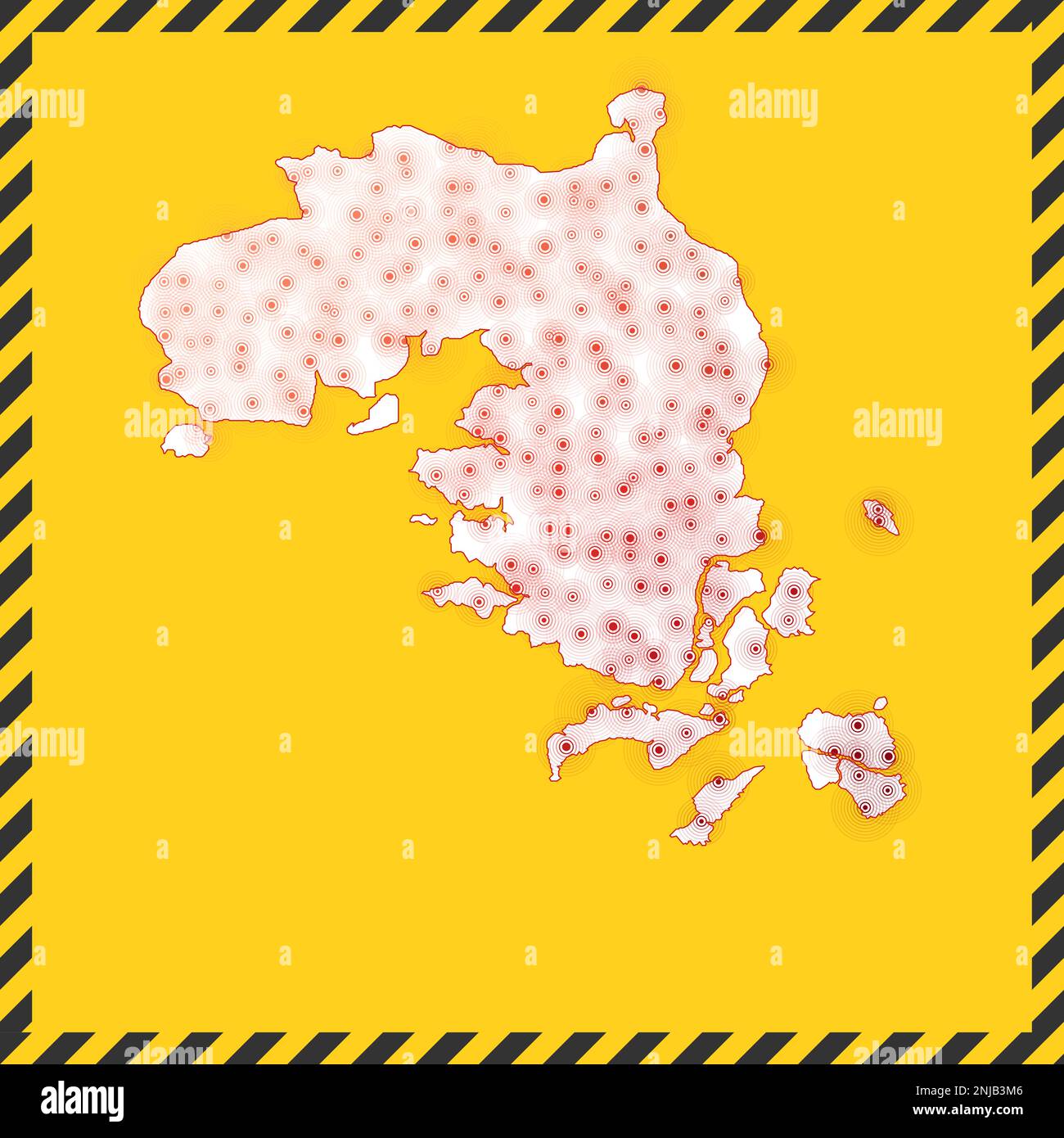 Bintan Island geschlossen - Virus Gefahr Zeichen. Symbol „Insel sperren“. Schwarz gestreifter Rand um Karte mit Virus-Verbreitung-Konzept. Vektordarstellung. Stock Vektor
