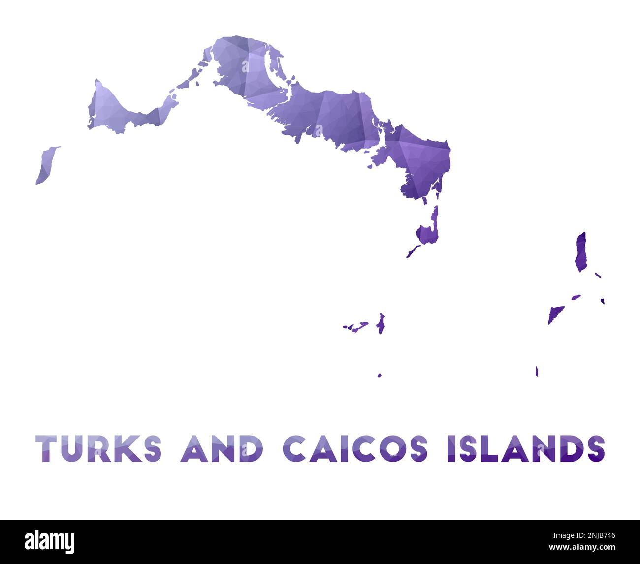 Karte der Turks- und Caicosinseln. Niedrige Poly-Darstellung der Insel. Lilafarbenes geometrisches Design. Darstellung des polygonalen Vektors. Stock Vektor