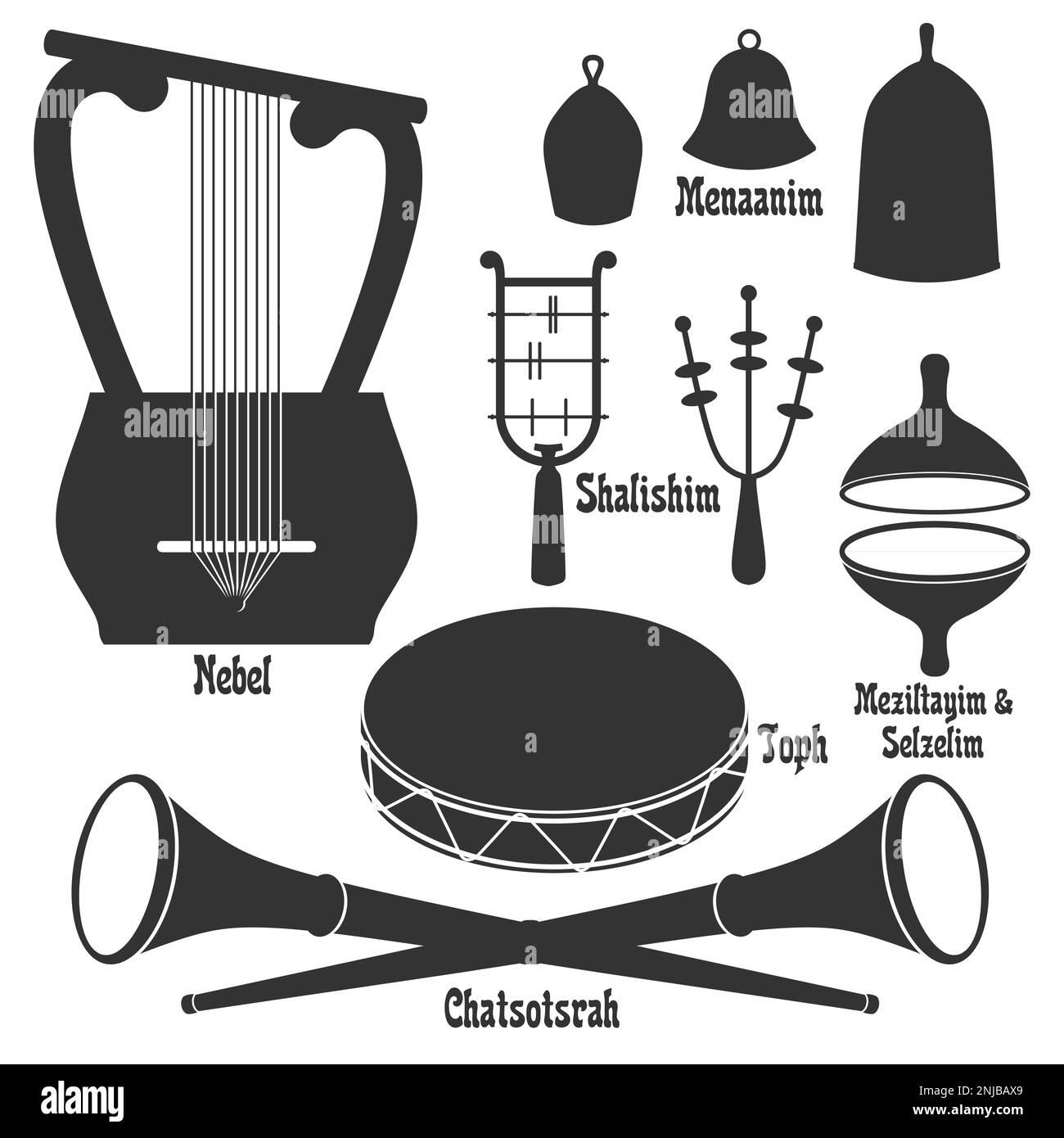 Vektorsatz von Silhouetten. Serie "Musikinstrumente in der Bibel". Stock Vektor