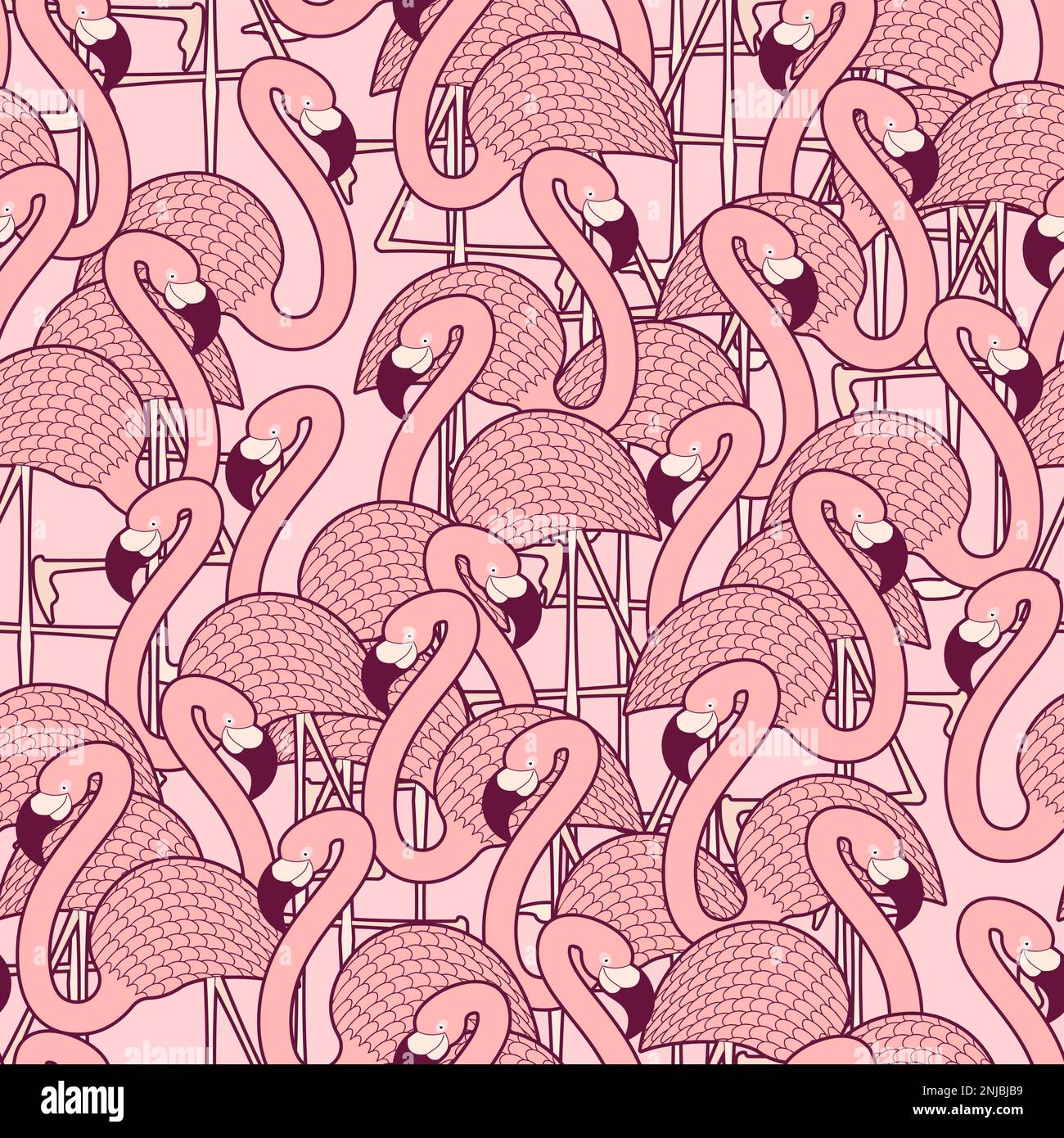 Nahtloses pinkfarbenes Flamingo-Muster. Wasservogel mit blassrosa Gefieder-Hintergrund. Dekorationsartikel aus Kindergewebe Stock Vektor