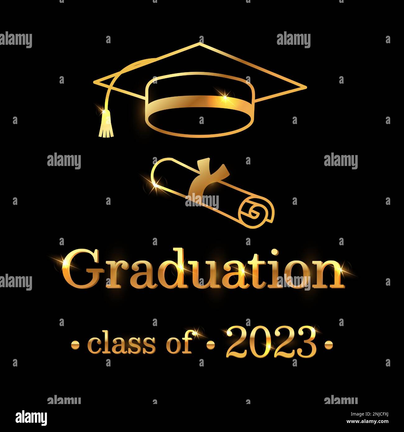 Feiern Sie den Erfolg des Absolventen mit dieser eleganten schwarzen Karte mit goldener Abschlusskappe, Zertifikat und herzlicher Botschaft. Vektorbeleuchtung Stock Vektor