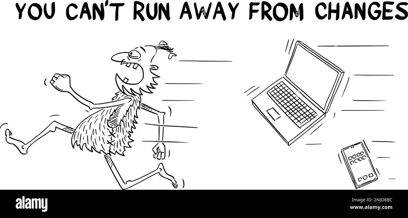 Geschäfts- oder politischer Cartoon über Höhlenmensch und Computertechnik, Vektorillustration Stock Vektor