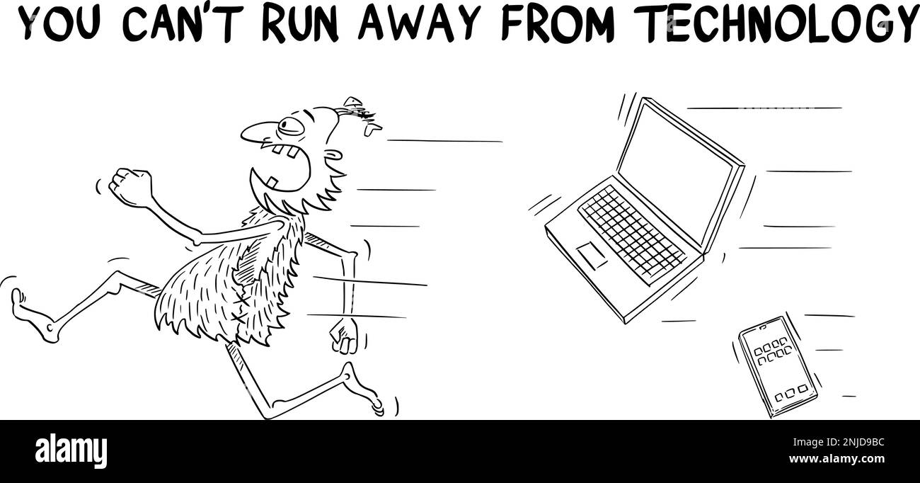 Geschäfts- oder politischer Cartoon über Höhlenmensch und Computertechnik, Vektorillustration Stock Vektor