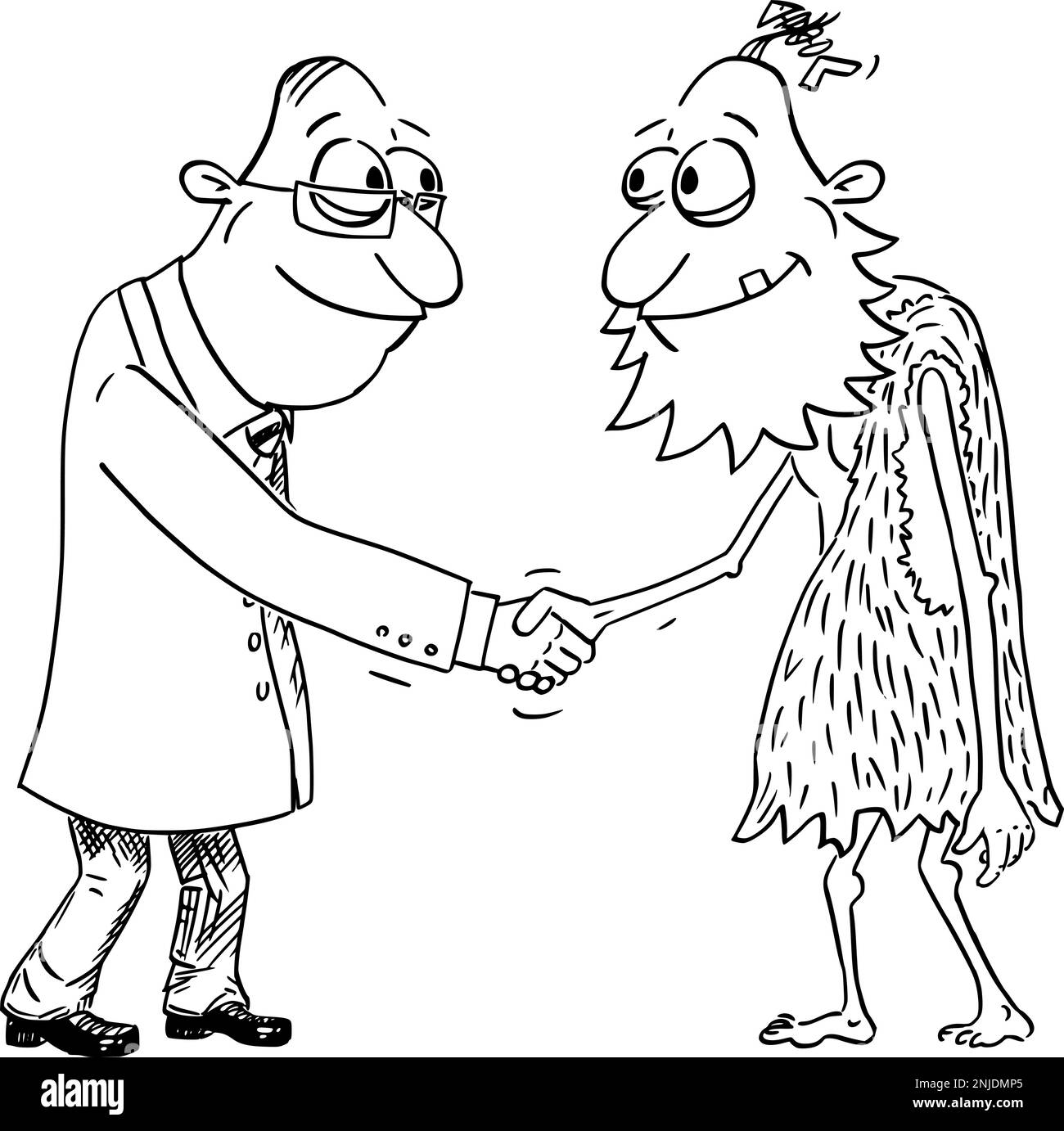 Geschäfts- oder politischer Cartoon über Höhlenmensch und Geschäftsmann Handshake, Vector Illustration Stock Vektor