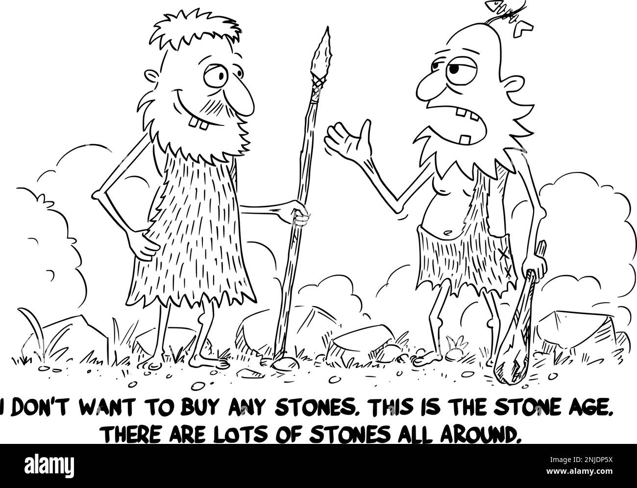 Geschäftlicher oder politischer Cartoon über Höhlenmenschen, die über Geschäfte reden, Vektor-Illustration Stock Vektor