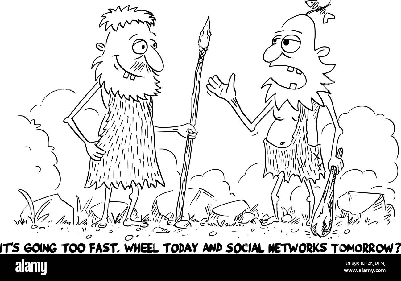 Geschäftlicher oder politischer Cartoon über Cavemen über Technologie Soziale Netzwerke, Vector Illustration Stock Vektor