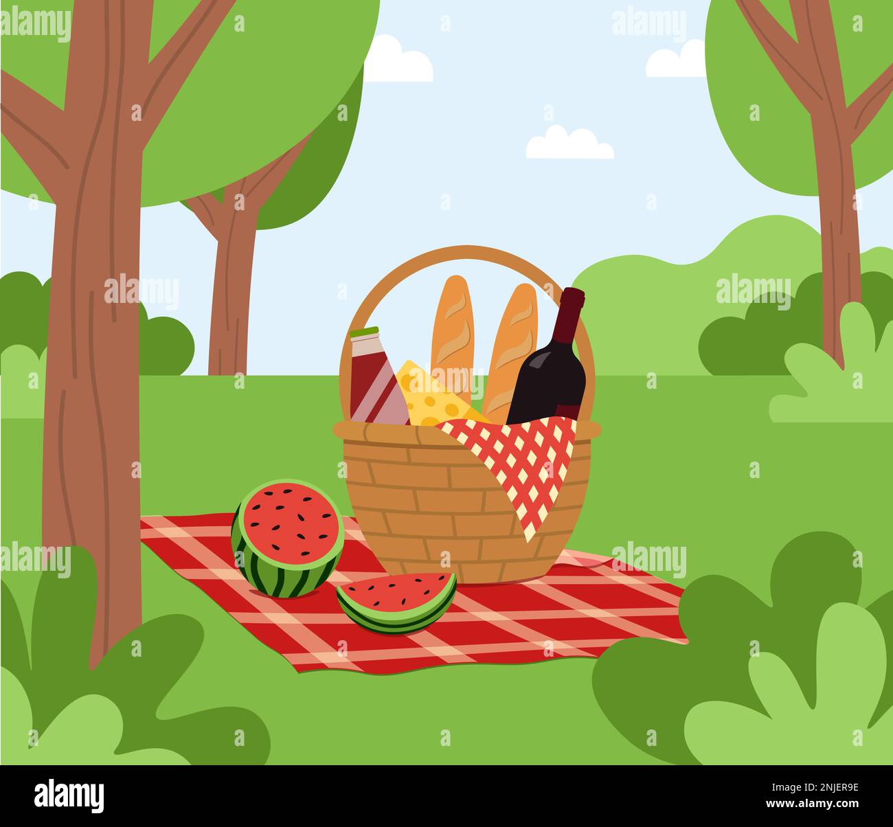Picknick Auf Der Wiese Im Wald Mit Basket Spring Oder Summer Vector Illustration In Flat Style Stock Vektor