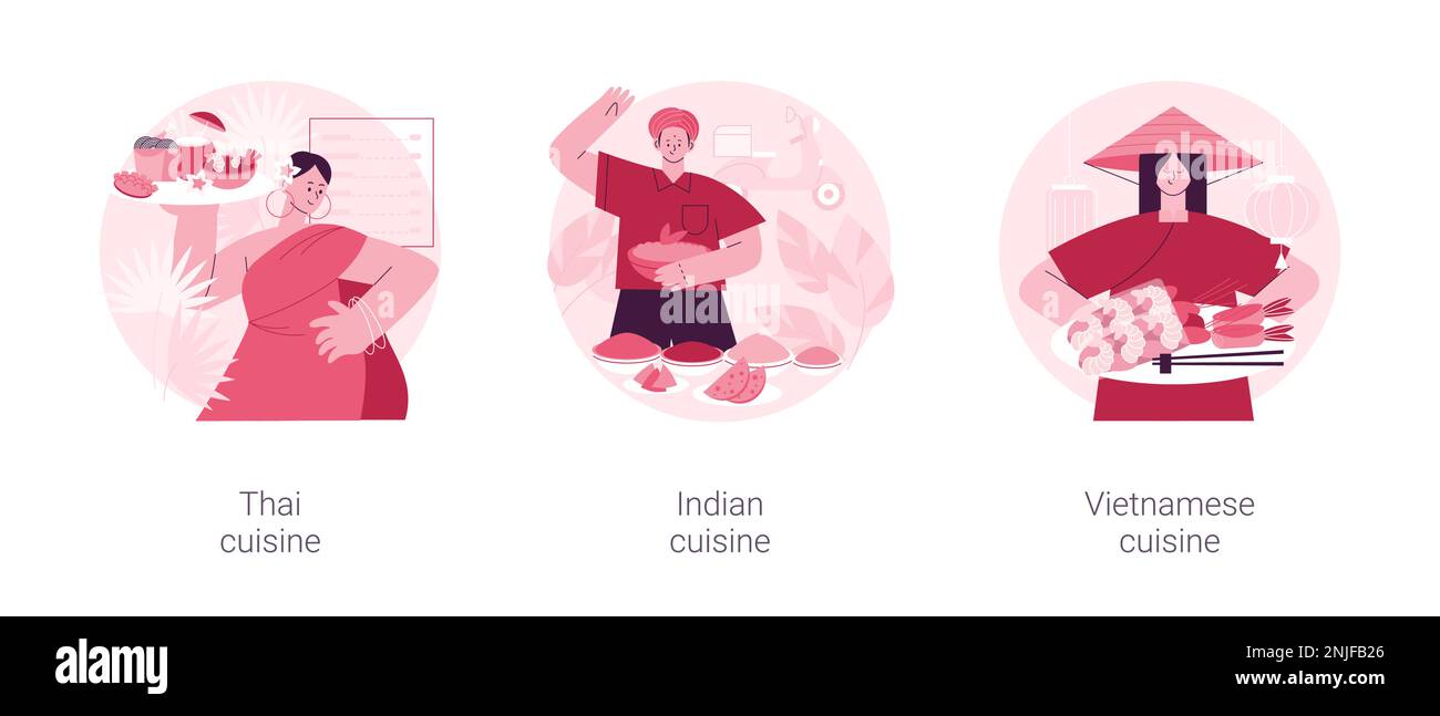 Oriental Cuisine abstraktes Konzept Vektor Illustration Set. Thailändische, indische und vietnamesische Küche, würziger Geschmack, asiatisches Rezept, hausgemachtes, vegetarisches Menü, Frühlingsrolle, abstrakte Nudelmetapher. Stock Vektor