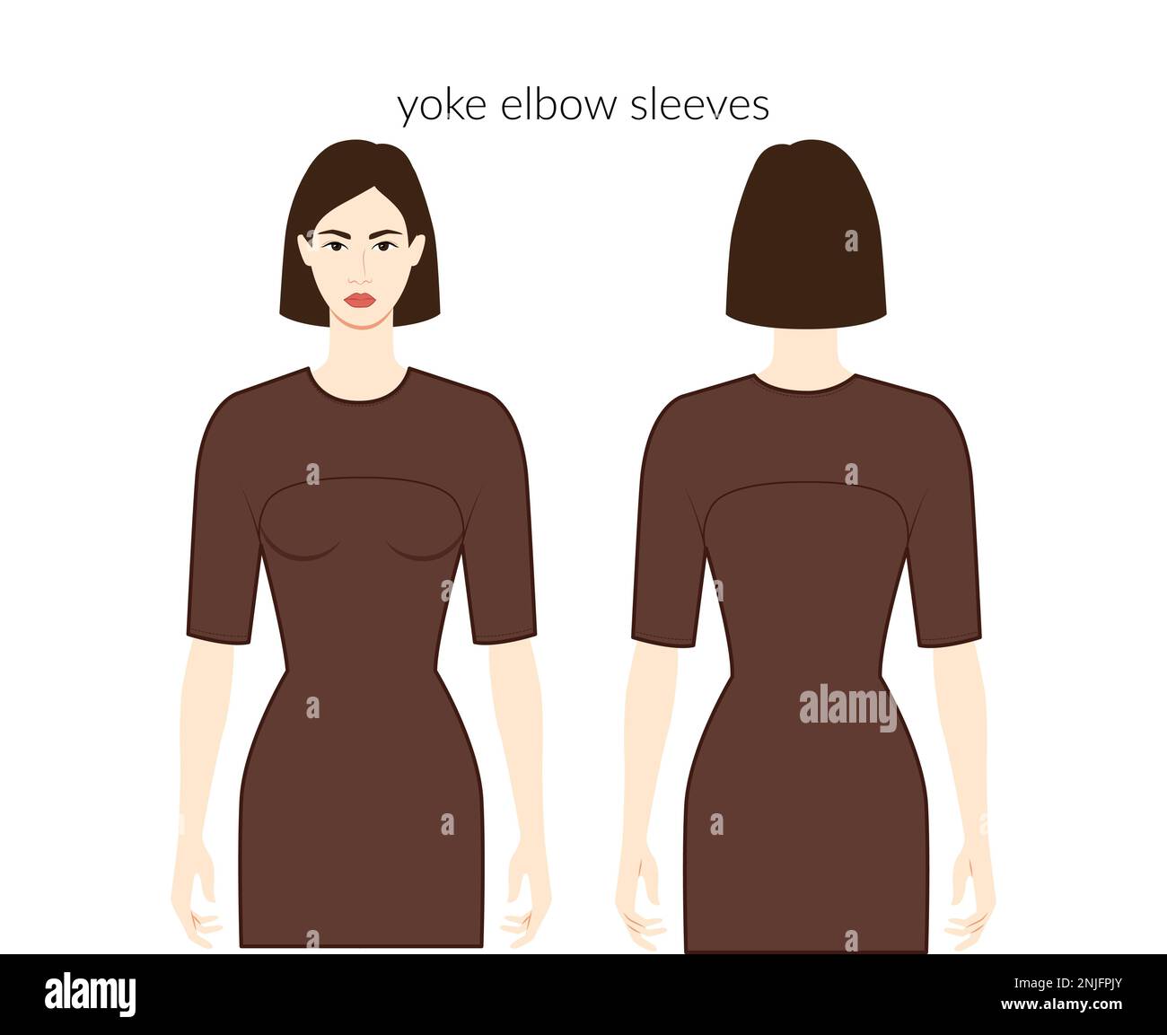 Joch Ärmel Kleidung Figur wunderschöne Dame in braunem Oberteil, Hemd, Kleid technisch Mode Illustration mit Ellbogenlänge. Flache Bekleidungsvorlage vorne, Rückseite. Frauen, Männer, Unisex-CAD-Modell Stock Vektor