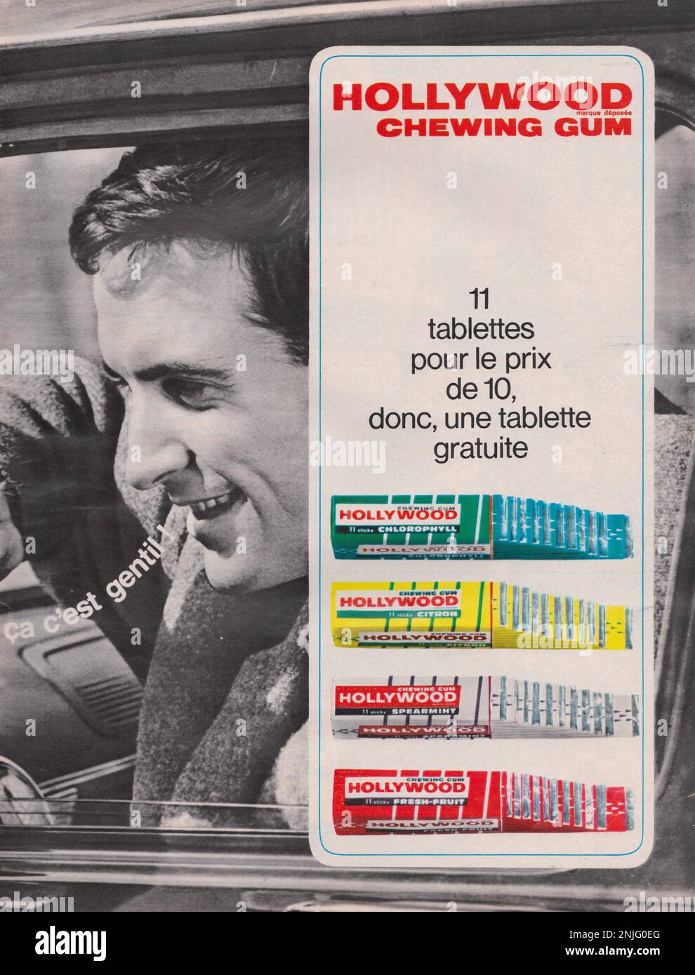 Französischer Werbespot für Hollywood Kaugummi Hollywood Kaugummi Vintage-Werbung in französischer Zeitschrift, 1959, Old Hollywood Kaugummi-Werbespot Stockfoto
