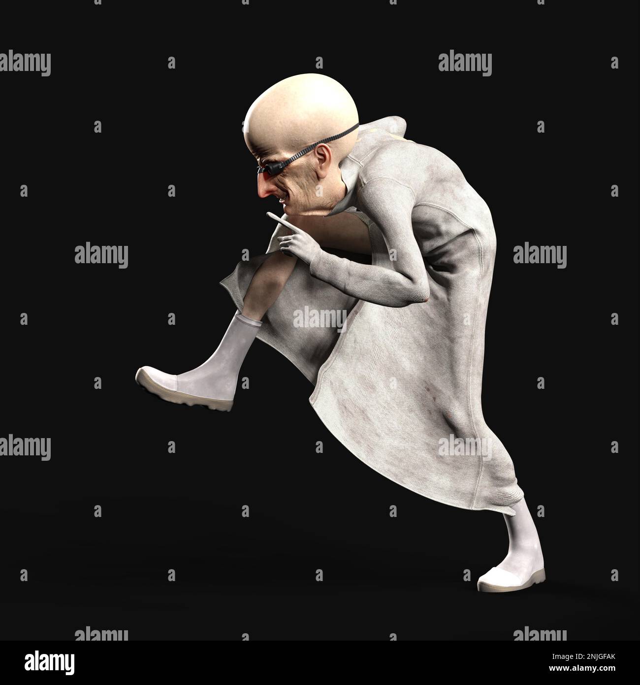 3D-Illustration eines süßen und lustigen Zeichentrickwissenschaftlers, der verrückt wird Stockfoto