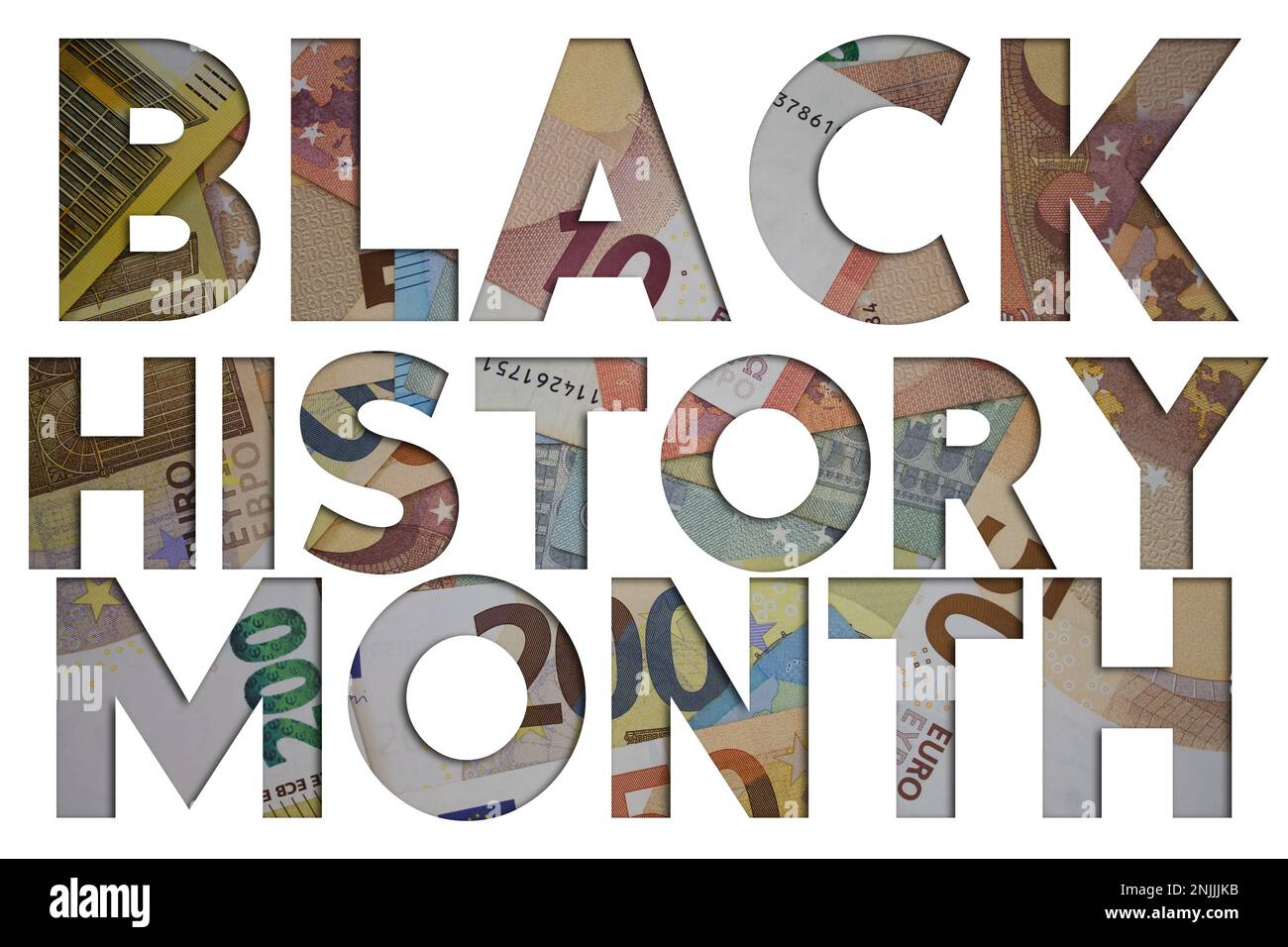 Black History Month Wort mit Geld. Papierwährungshintergrund mit verschiedenen Banknoten. Stockfoto