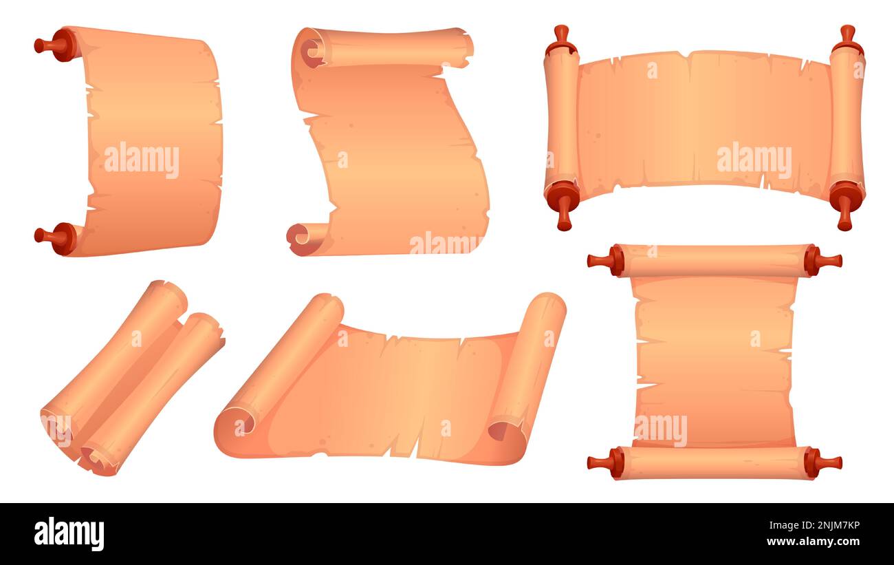 Set von Pergamentblättern isoliert auf weißem Hintergrund. Vektorzeichentrickfilm mit antiken Papyrus-Rollen, alte Karte, mittelalterlicher Brief, altes Manuskript. Leere Vintage-Dokumentvorlage Stock Vektor