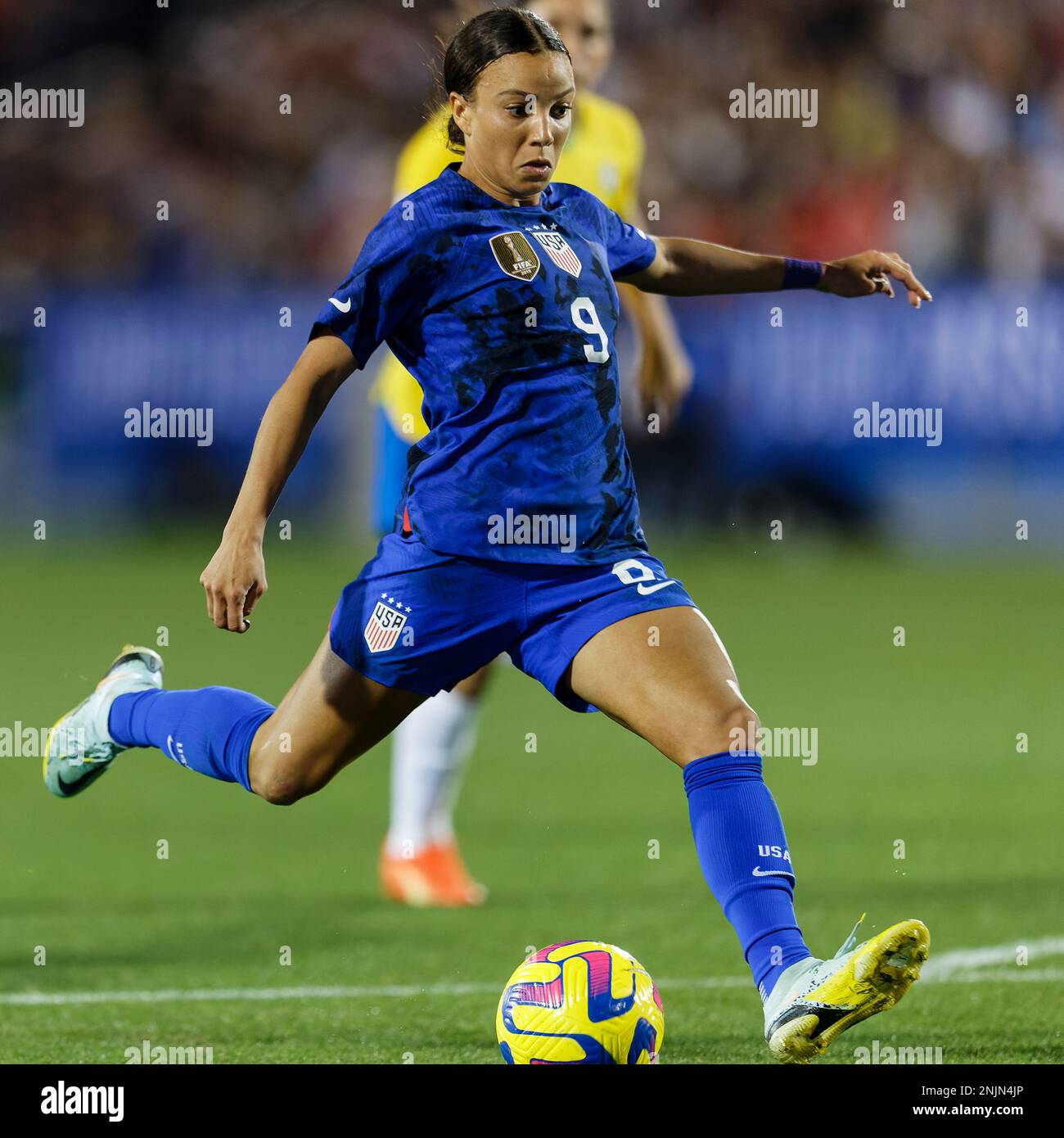 USA Forward Mallory Swanson (9) erzielt in der 63. Minute ein Tor, um die USA beim SPIEL SHEBELIEVES CUP USA gegen Brasilien 2023 auf der Toyota S auf den 2-0. Platz zu bringen Stockfoto