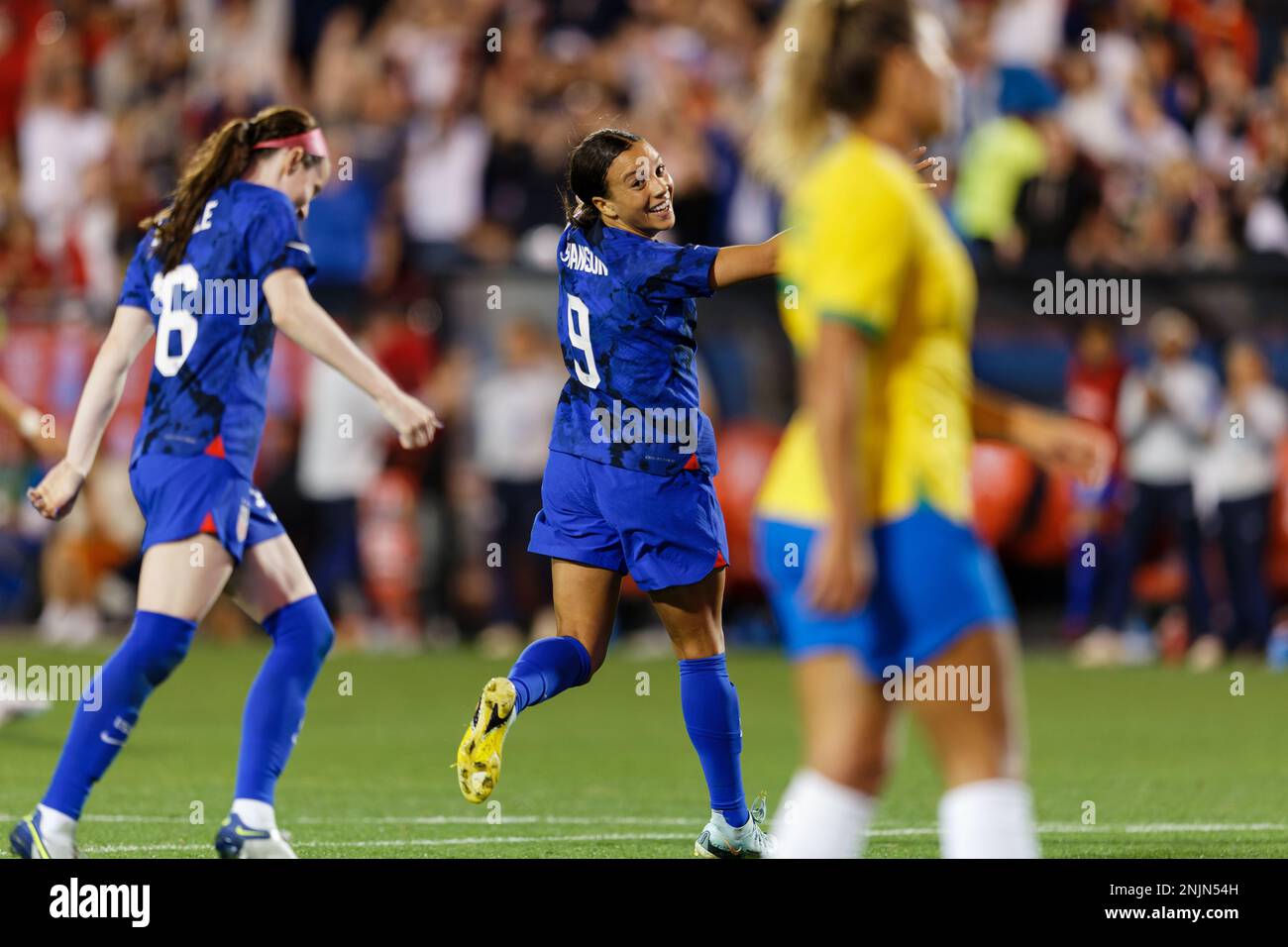 USA Forward Mallory Swanson (9) erzielt in der 63. Minute ein Tor, um die USA beim SPIEL SHEBELIEVES CUP USA gegen Brasilien 2023 auf der Toyota S auf den 2-0. Platz zu bringen Stockfoto