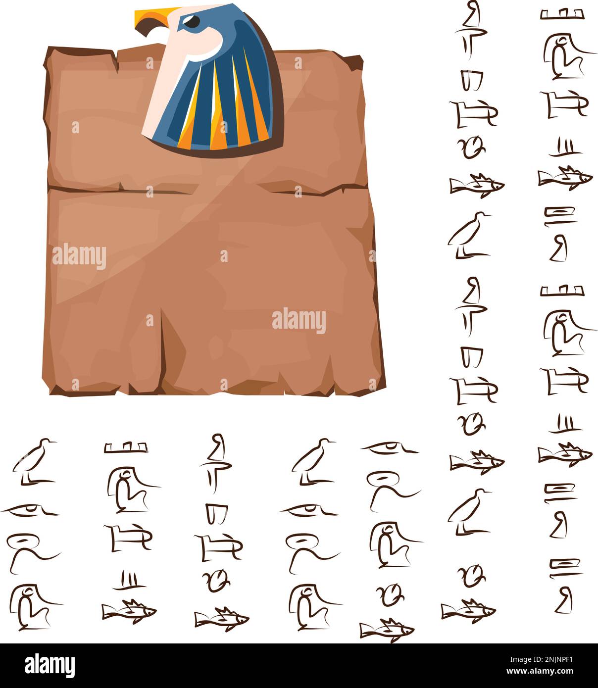 Altes ägyptisches Papyrus mit Falkenkopf-Cartoon-Vektordarstellung. Antikes Papier mit Hieroglyphen, Informationen speichern, ägyptische Kultur religiöses Symbol mit sonnengott isoliert auf weißem Hintergrund Stock Vektor