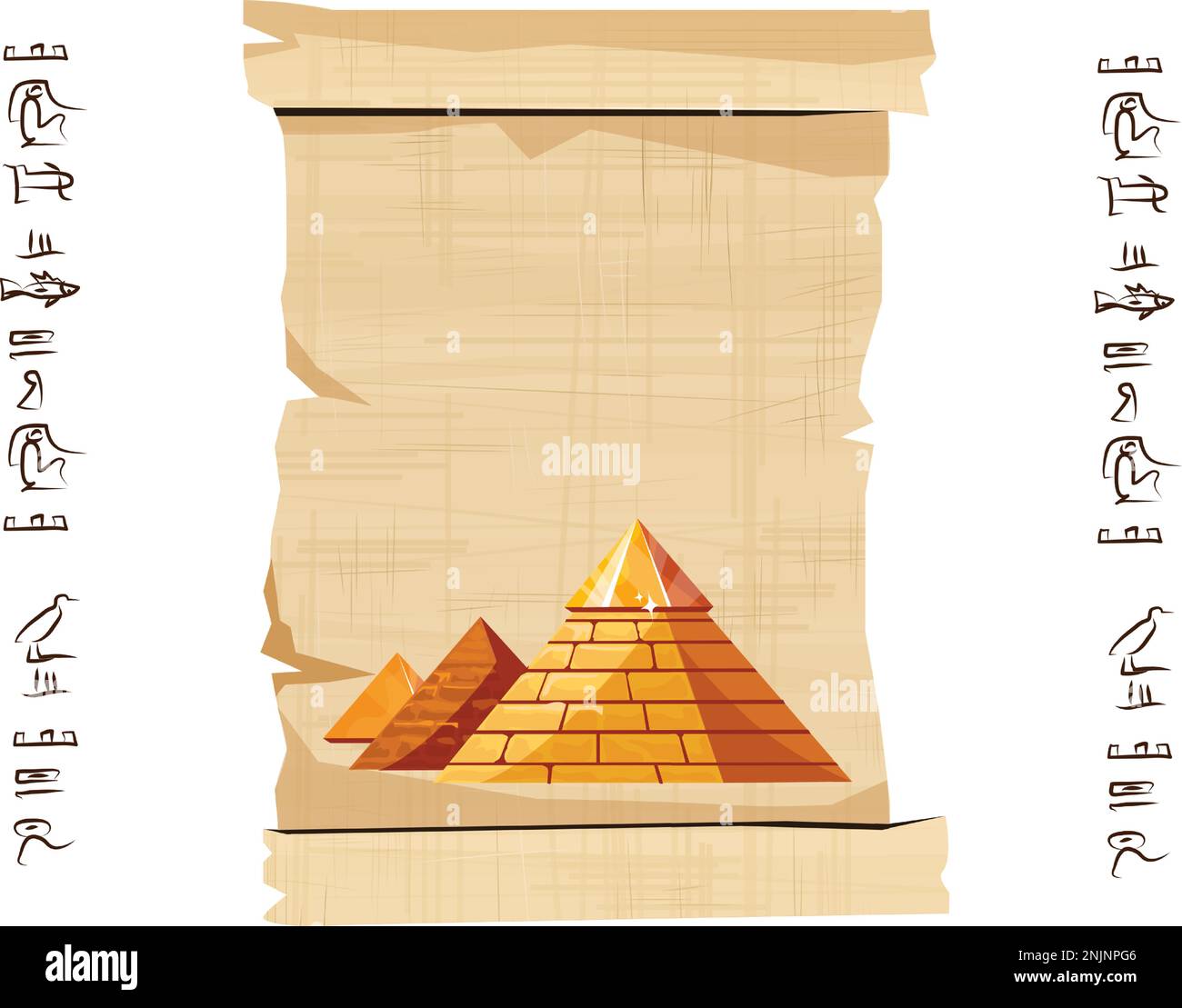 Alte ägyptische Papyrus-Schriftrolle mit Pyramiden-Silhouetten-Cartoon-Vektordarstellung. Antikes Papier mit Hieroglyphen, Informationen, ägyptische Kultur, religiöse Symbole, isoliert auf weißem Hintergrund Stock Vektor